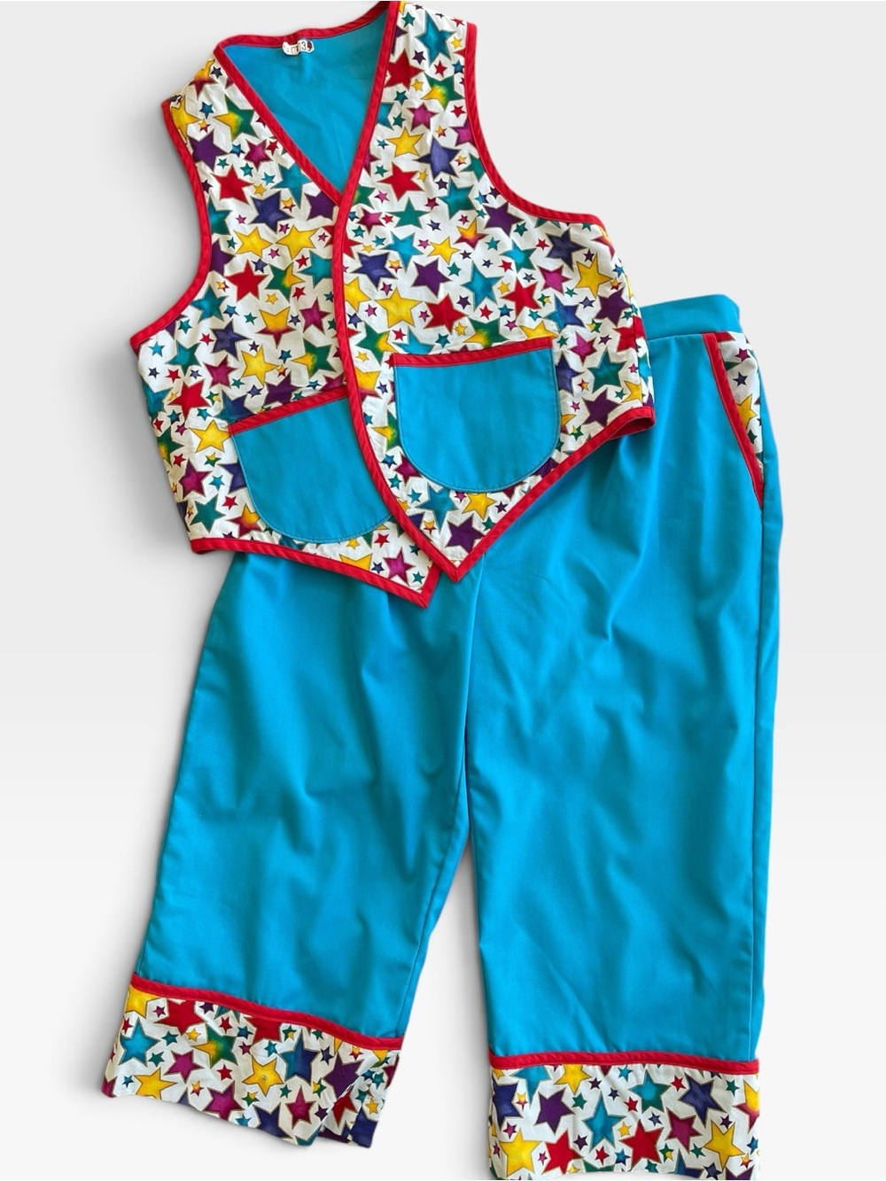 Vintage 2Pc Circus Clown Costume Vest Pants Rainbow Stars Blue Cosplay Halloween